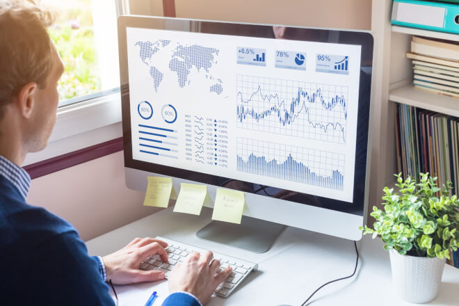 Big data Análise de dados sendo feita em um dashboard no computador
